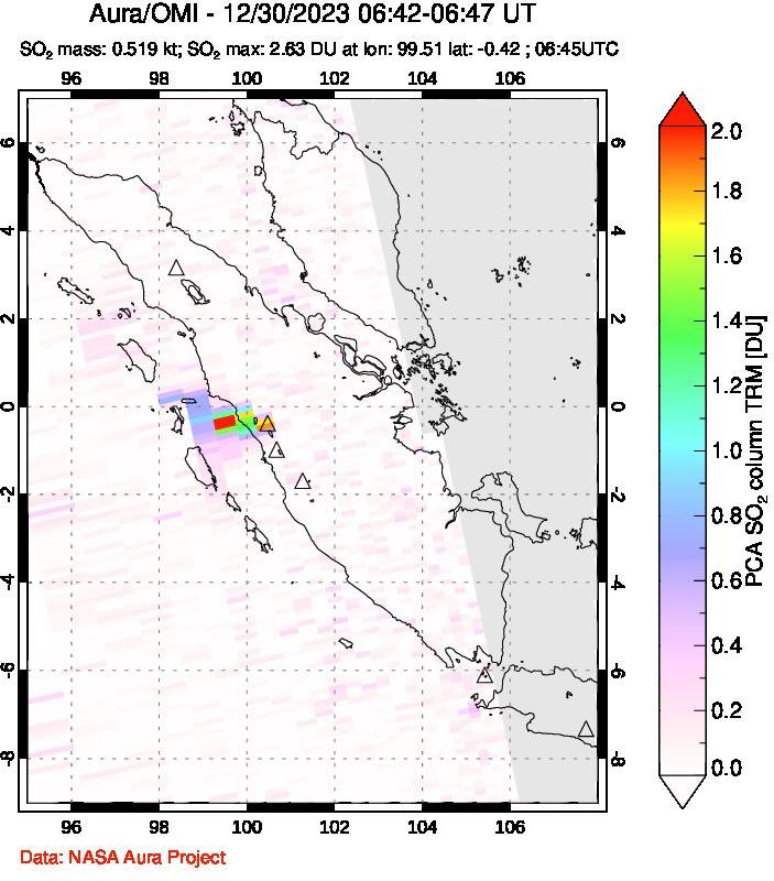 A sulfur dioxide image over Sumatra, Indonesia on Dec 30, 2023.