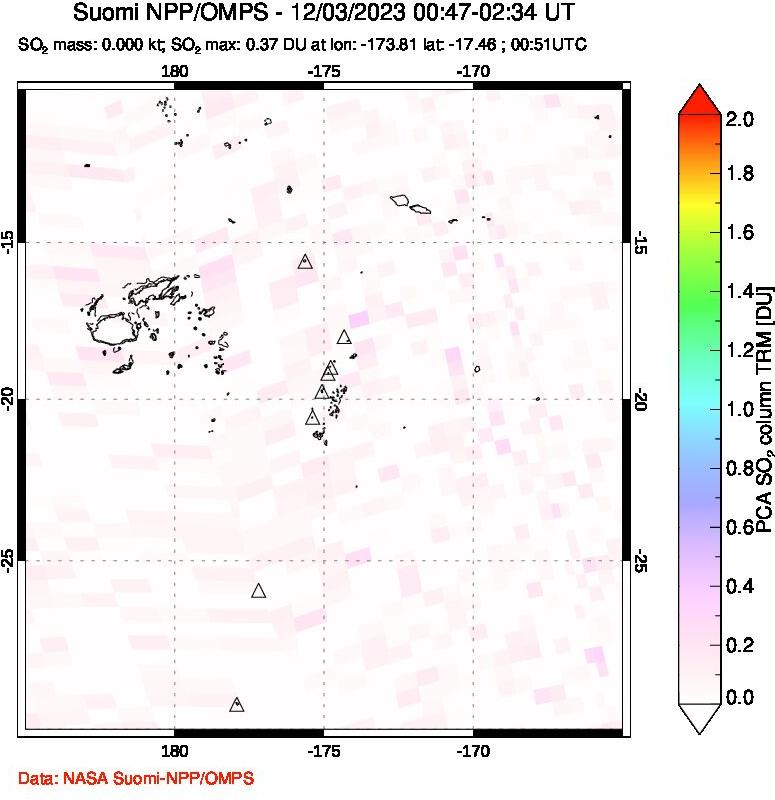 A sulfur dioxide image over Tonga, South Pacific on Dec 03, 2023.