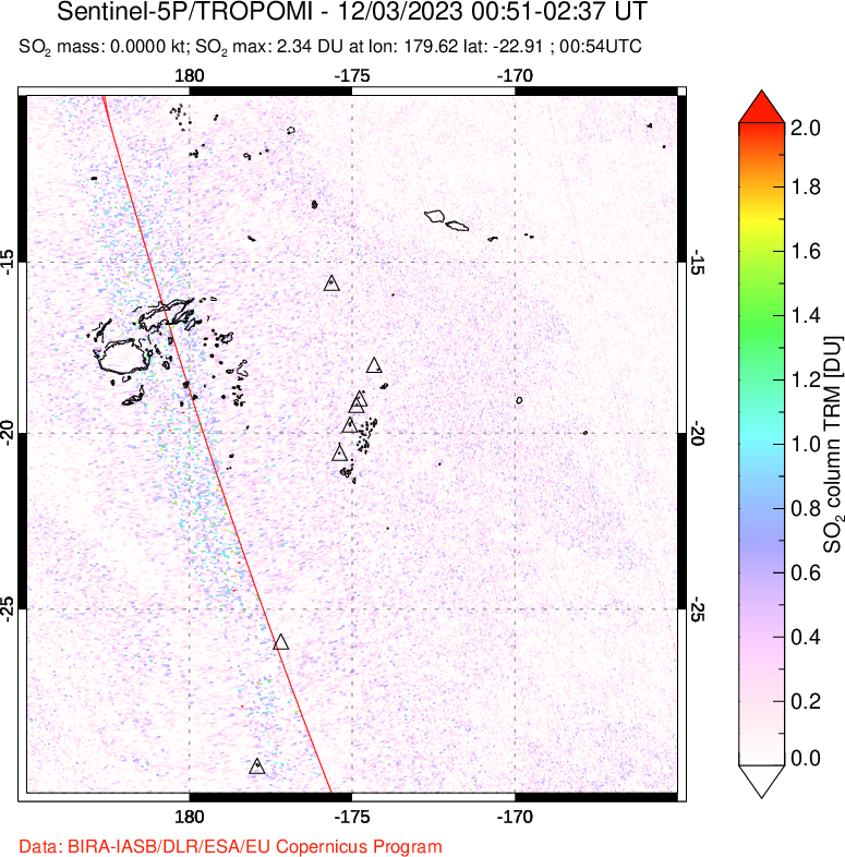 A sulfur dioxide image over Tonga, South Pacific on Dec 03, 2023.