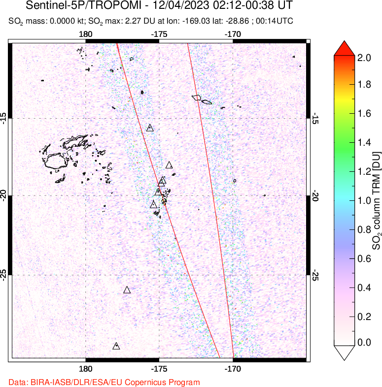 A sulfur dioxide image over Tonga, South Pacific on Dec 04, 2023.