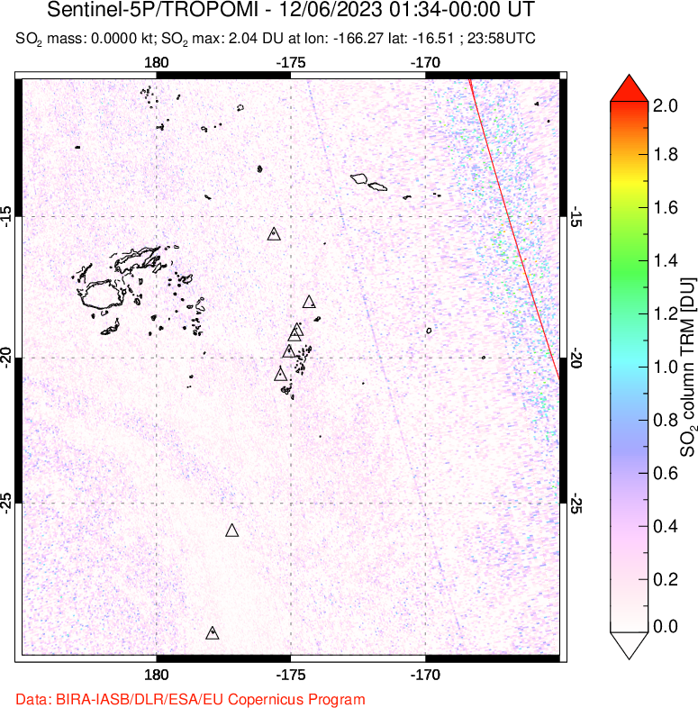 A sulfur dioxide image over Tonga, South Pacific on Dec 06, 2023.