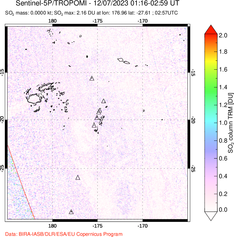 A sulfur dioxide image over Tonga, South Pacific on Dec 07, 2023.