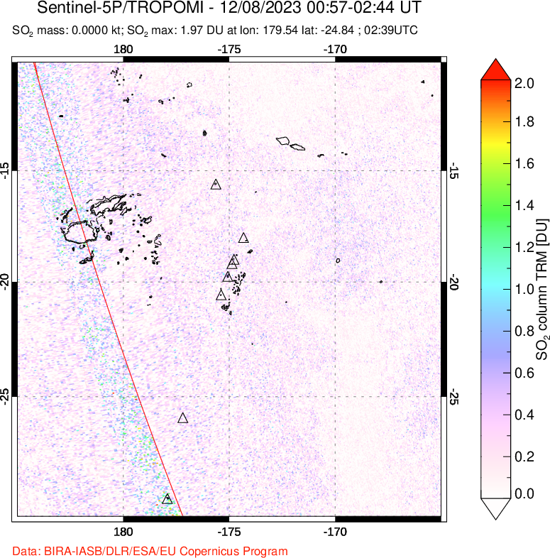 A sulfur dioxide image over Tonga, South Pacific on Dec 08, 2023.