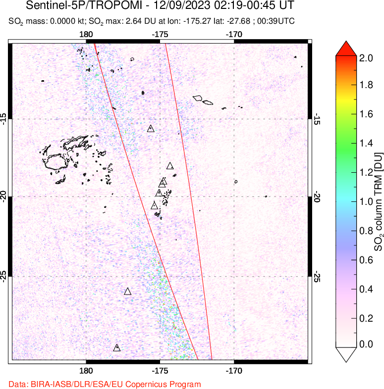 A sulfur dioxide image over Tonga, South Pacific on Dec 09, 2023.