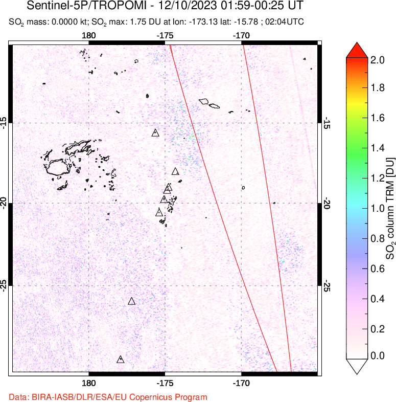 A sulfur dioxide image over Tonga, South Pacific on Dec 10, 2023.