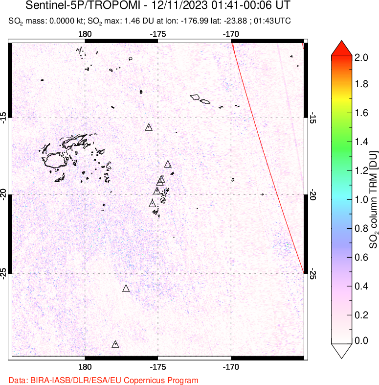 A sulfur dioxide image over Tonga, South Pacific on Dec 11, 2023.