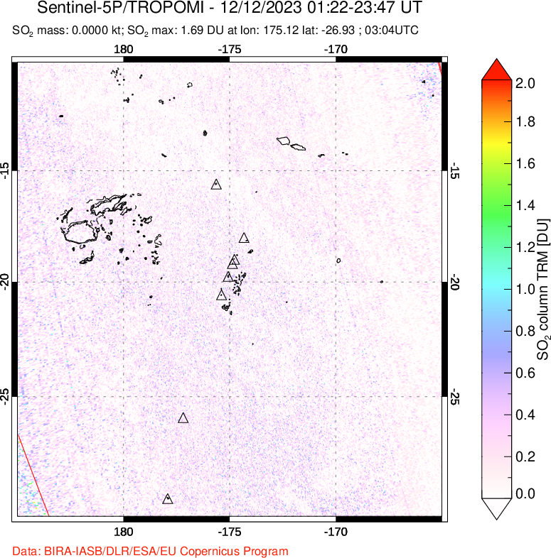 A sulfur dioxide image over Tonga, South Pacific on Dec 12, 2023.