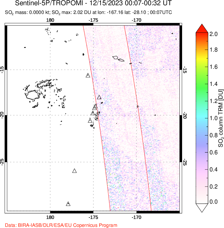 A sulfur dioxide image over Tonga, South Pacific on Dec 15, 2023.