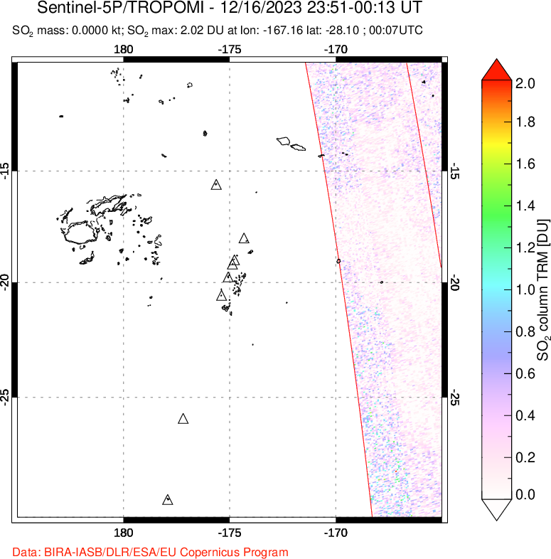 A sulfur dioxide image over Tonga, South Pacific on Dec 16, 2023.