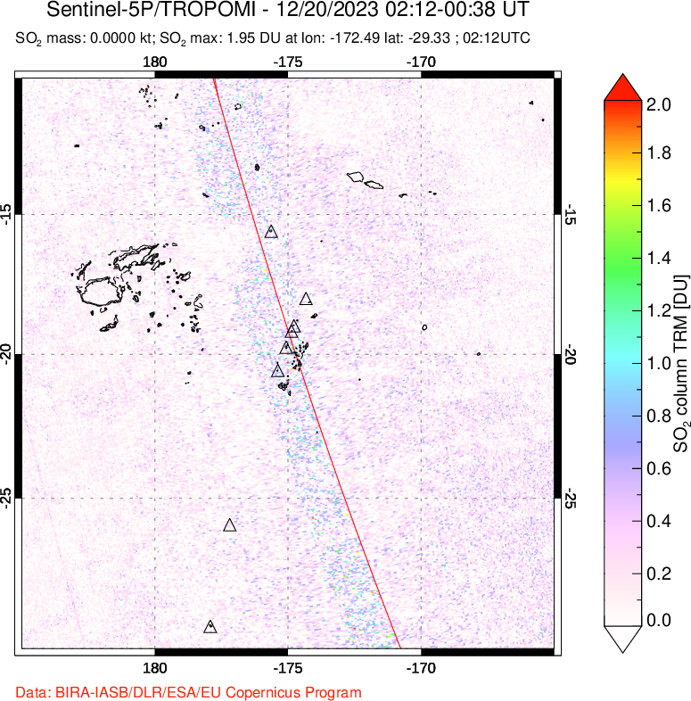 A sulfur dioxide image over Tonga, South Pacific on Dec 20, 2023.