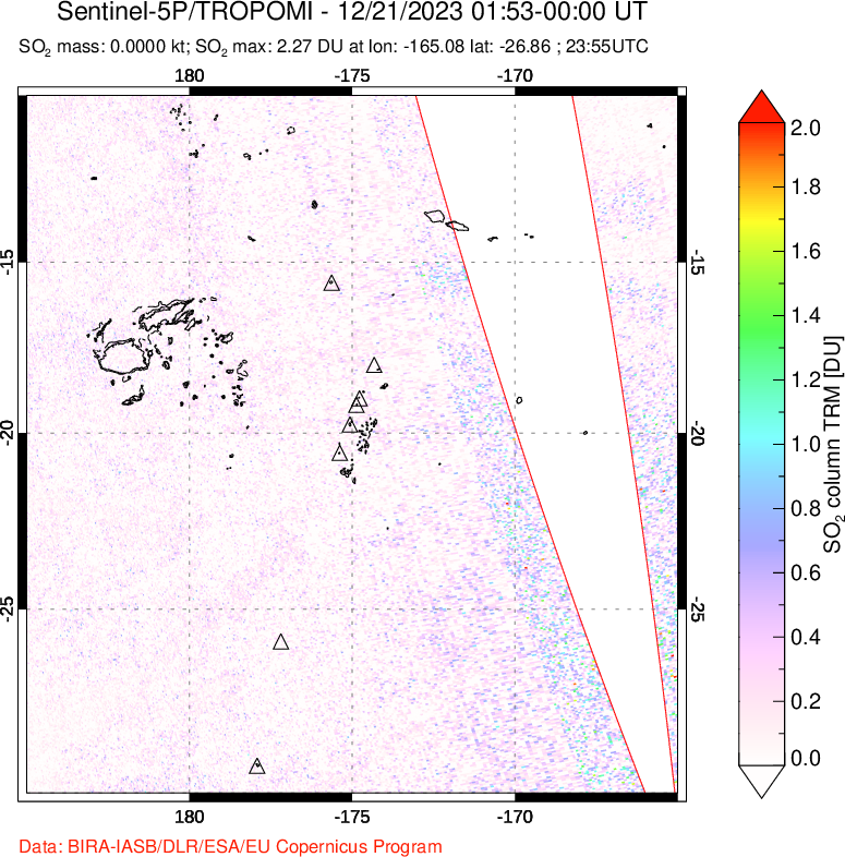 A sulfur dioxide image over Tonga, South Pacific on Dec 21, 2023.