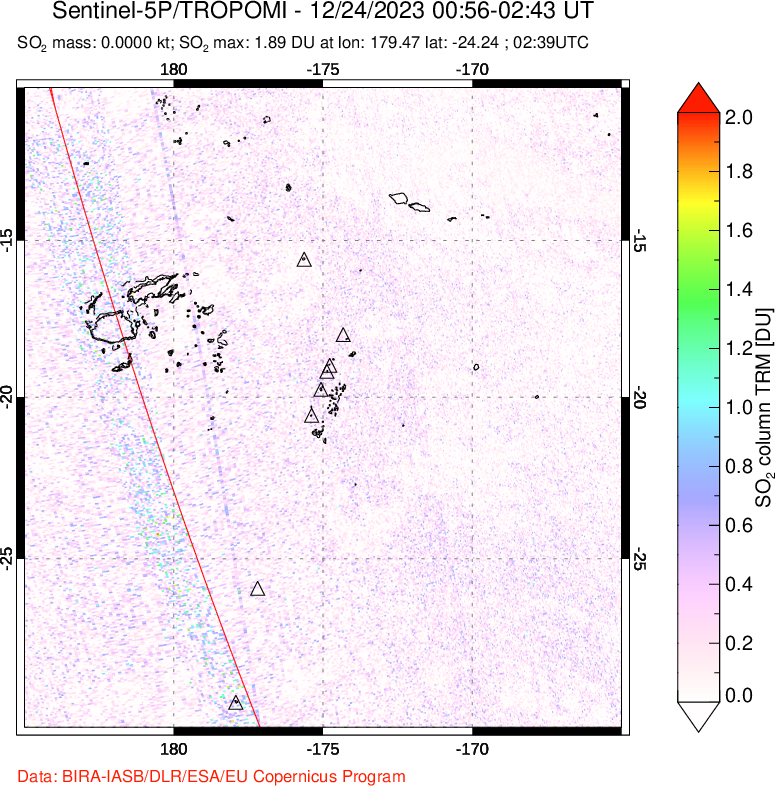 A sulfur dioxide image over Tonga, South Pacific on Dec 24, 2023.