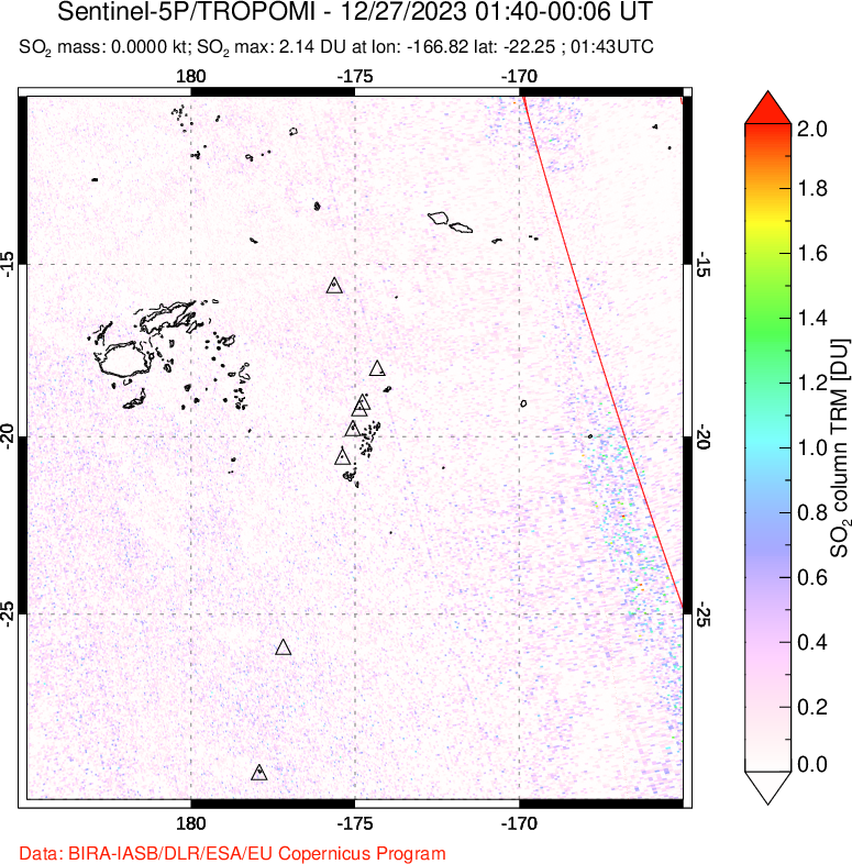 A sulfur dioxide image over Tonga, South Pacific on Dec 27, 2023.