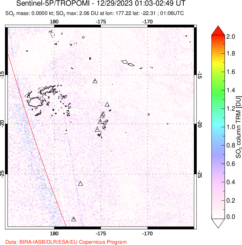 A sulfur dioxide image over Tonga, South Pacific on Dec 29, 2023.