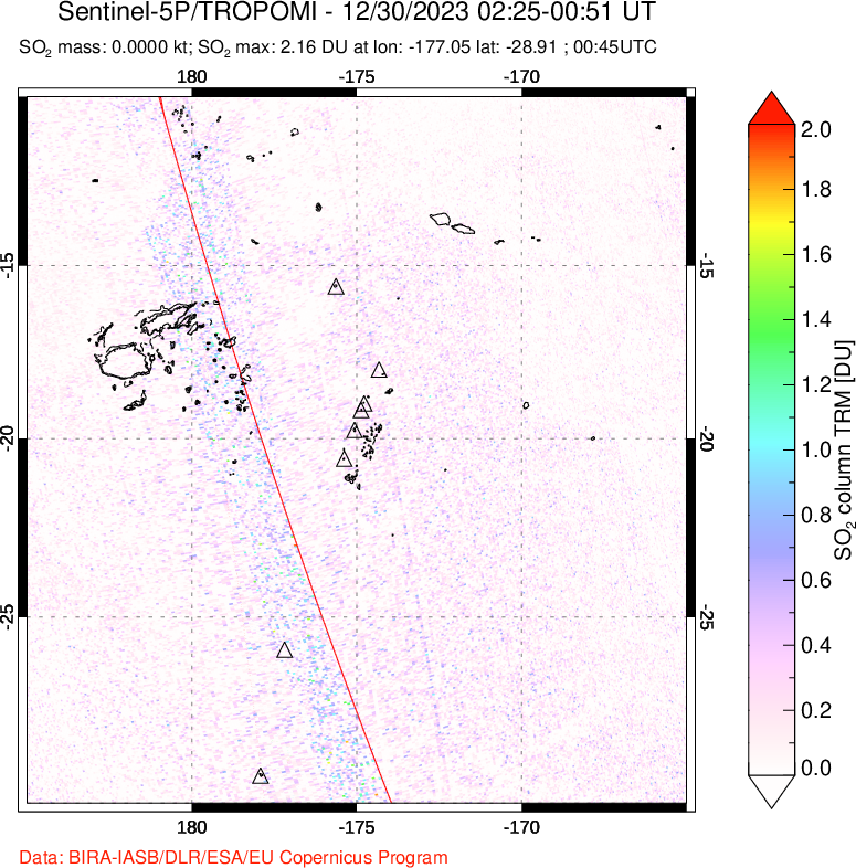 A sulfur dioxide image over Tonga, South Pacific on Dec 30, 2023.