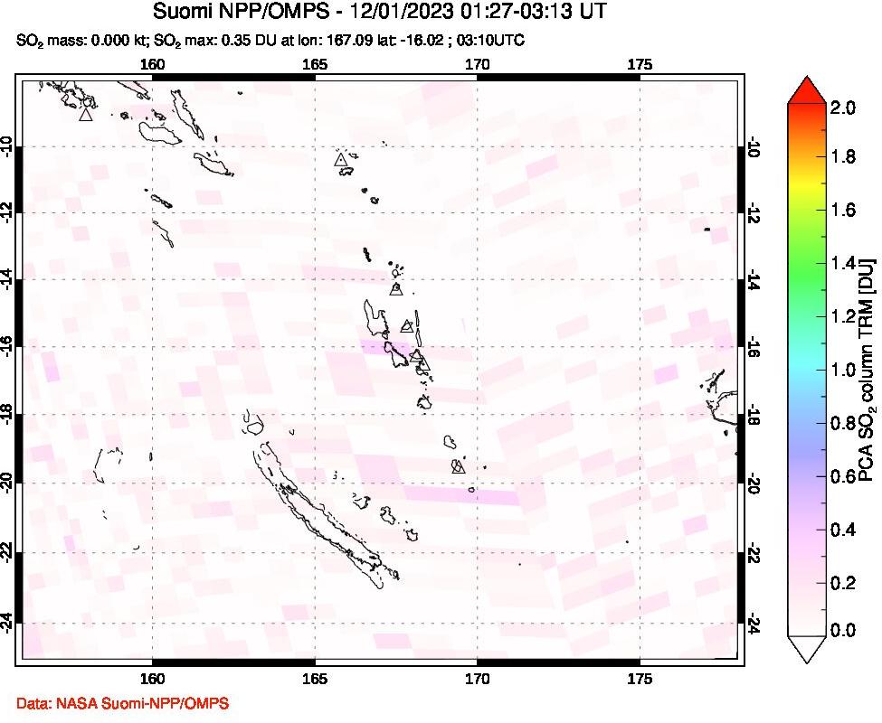 A sulfur dioxide image over Vanuatu, South Pacific on Dec 01, 2023.