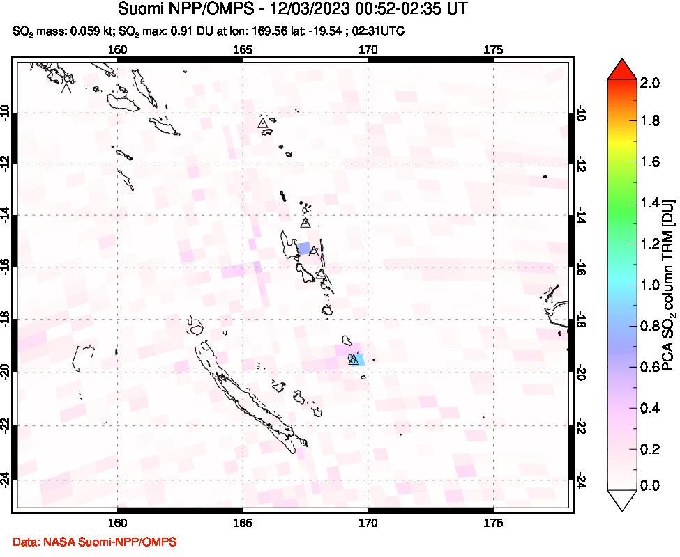 A sulfur dioxide image over Vanuatu, South Pacific on Dec 03, 2023.