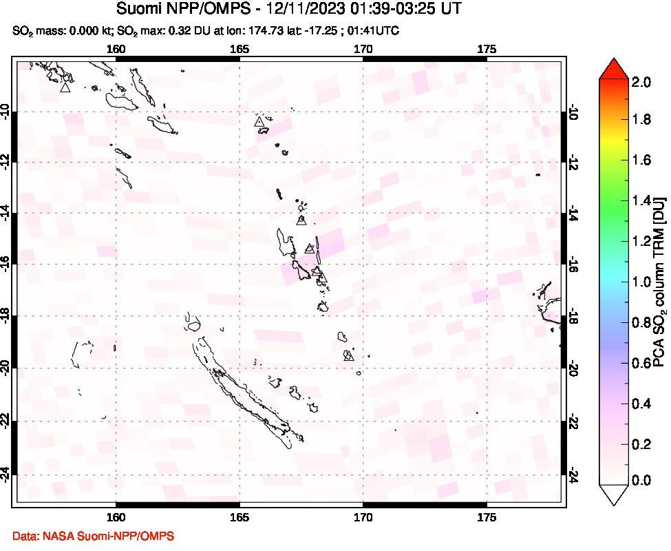 A sulfur dioxide image over Vanuatu, South Pacific on Dec 11, 2023.