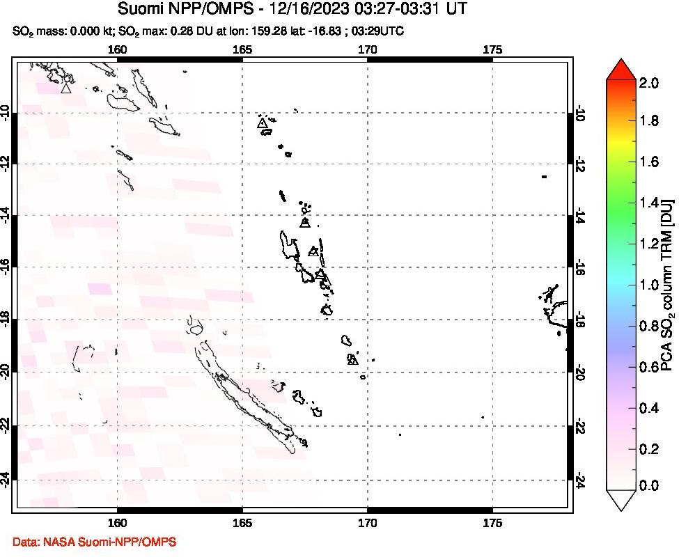 A sulfur dioxide image over Vanuatu, South Pacific on Dec 16, 2023.