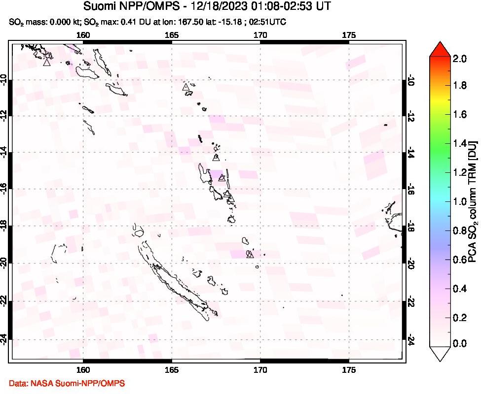 A sulfur dioxide image over Vanuatu, South Pacific on Dec 18, 2023.