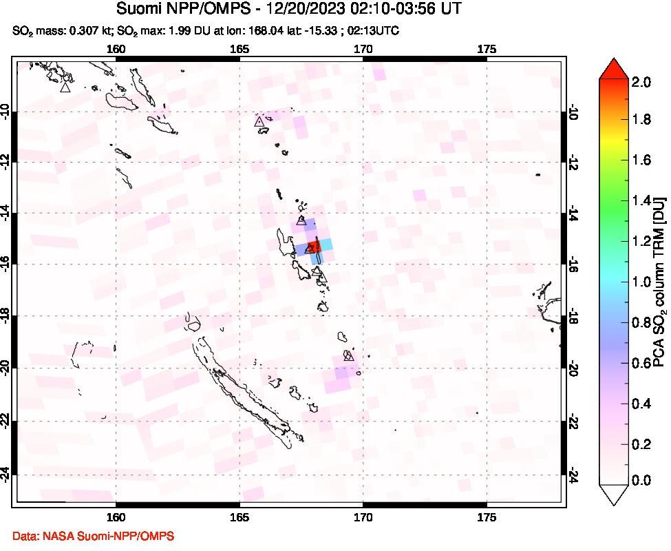 A sulfur dioxide image over Vanuatu, South Pacific on Dec 20, 2023.