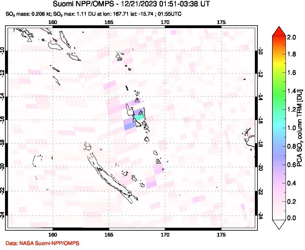 A sulfur dioxide image over Vanuatu, South Pacific on Dec 21, 2023.