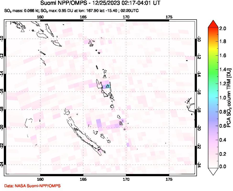 A sulfur dioxide image over Vanuatu, South Pacific on Dec 25, 2023.