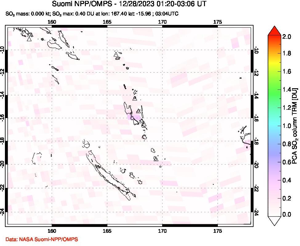 A sulfur dioxide image over Vanuatu, South Pacific on Dec 28, 2023.