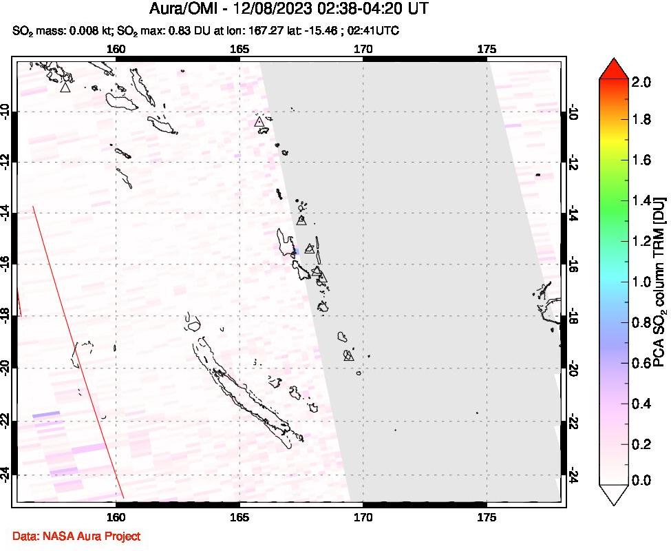 A sulfur dioxide image over Vanuatu, South Pacific on Dec 08, 2023.