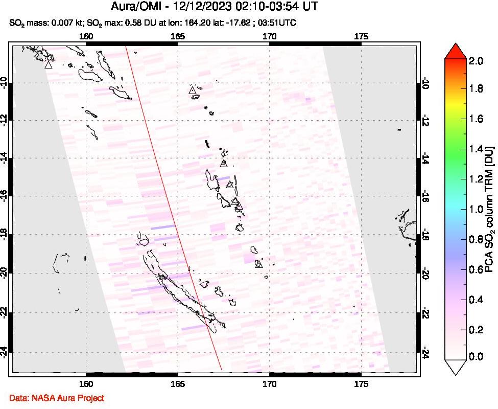A sulfur dioxide image over Vanuatu, South Pacific on Dec 12, 2023.