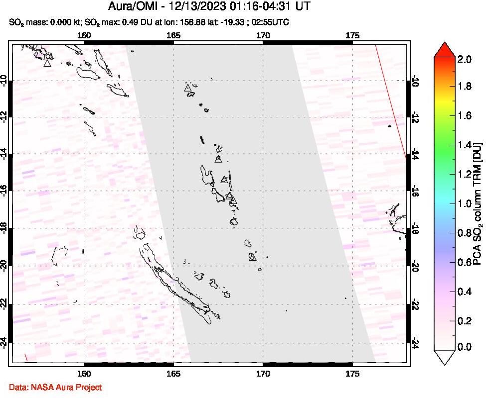 A sulfur dioxide image over Vanuatu, South Pacific on Dec 13, 2023.