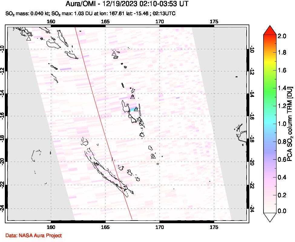 A sulfur dioxide image over Vanuatu, South Pacific on Dec 19, 2023.