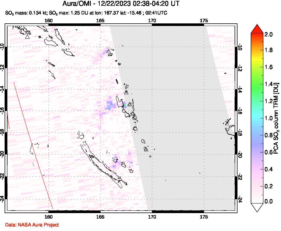 A sulfur dioxide image over Vanuatu, South Pacific on Dec 22, 2023.