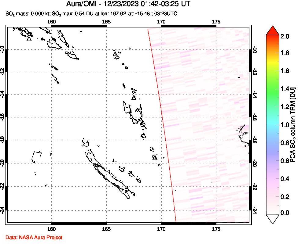 A sulfur dioxide image over Vanuatu, South Pacific on Dec 23, 2023.