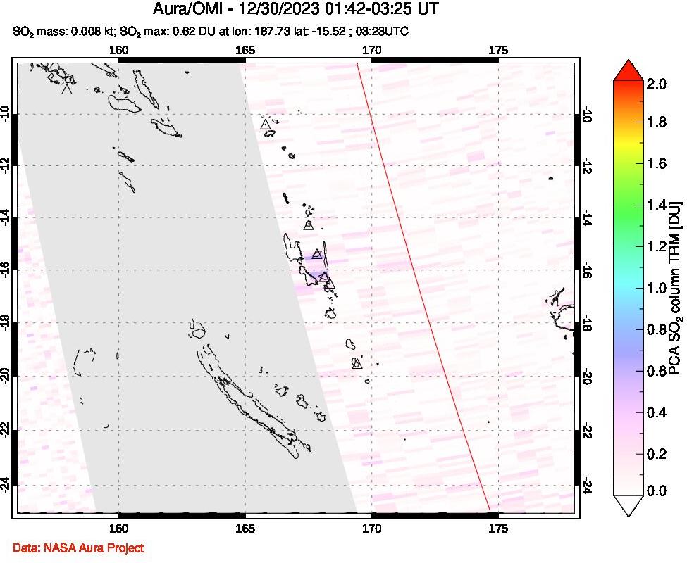 A sulfur dioxide image over Vanuatu, South Pacific on Dec 30, 2023.