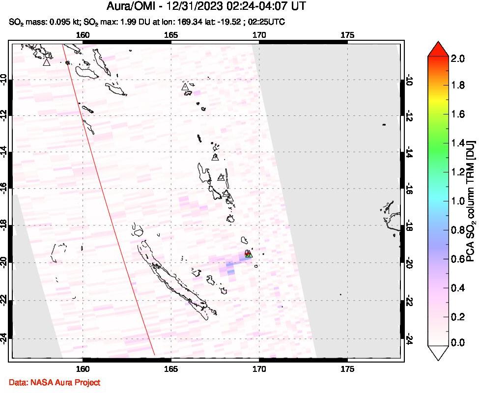 A sulfur dioxide image over Vanuatu, South Pacific on Dec 31, 2023.