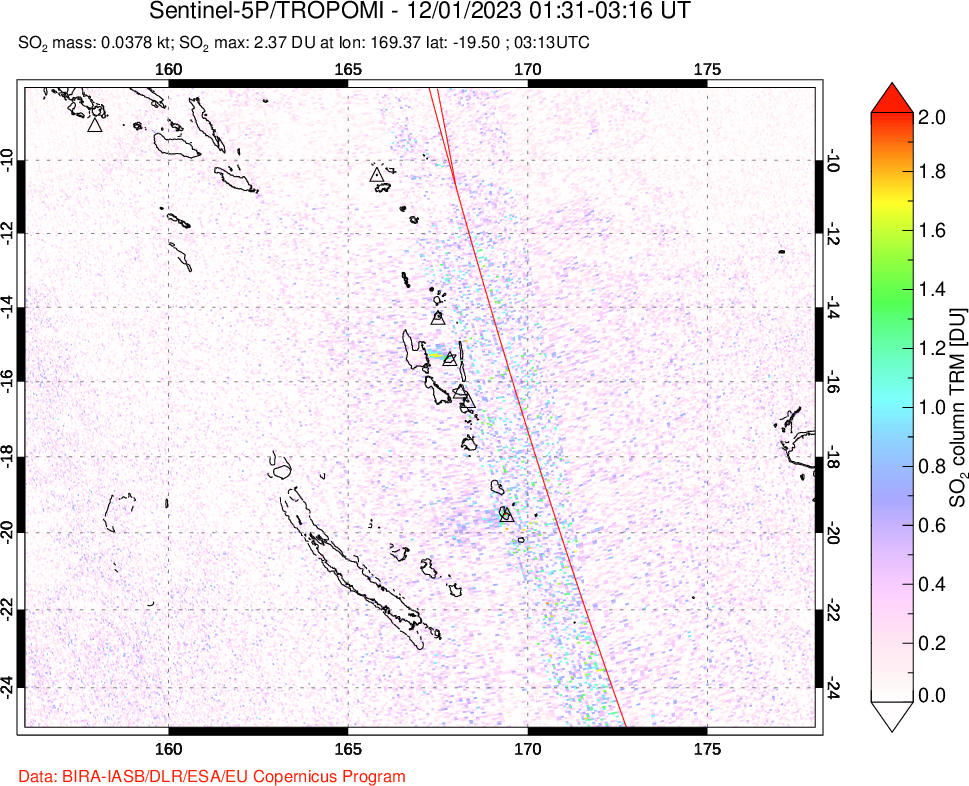 A sulfur dioxide image over Vanuatu, South Pacific on Dec 01, 2023.