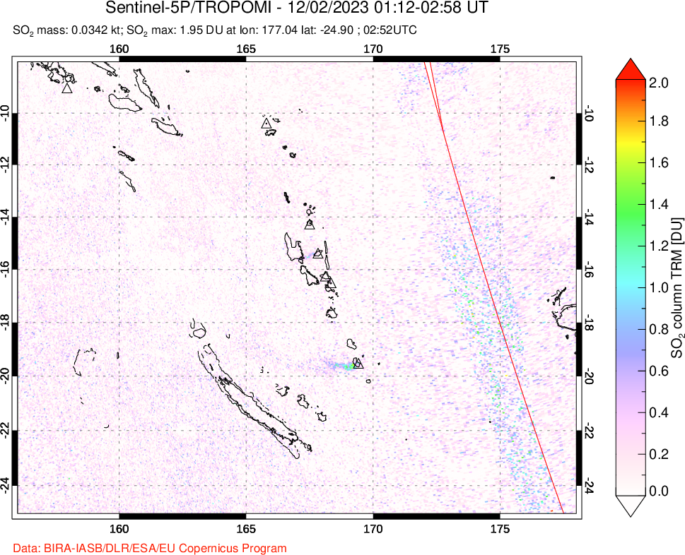 A sulfur dioxide image over Vanuatu, South Pacific on Dec 02, 2023.