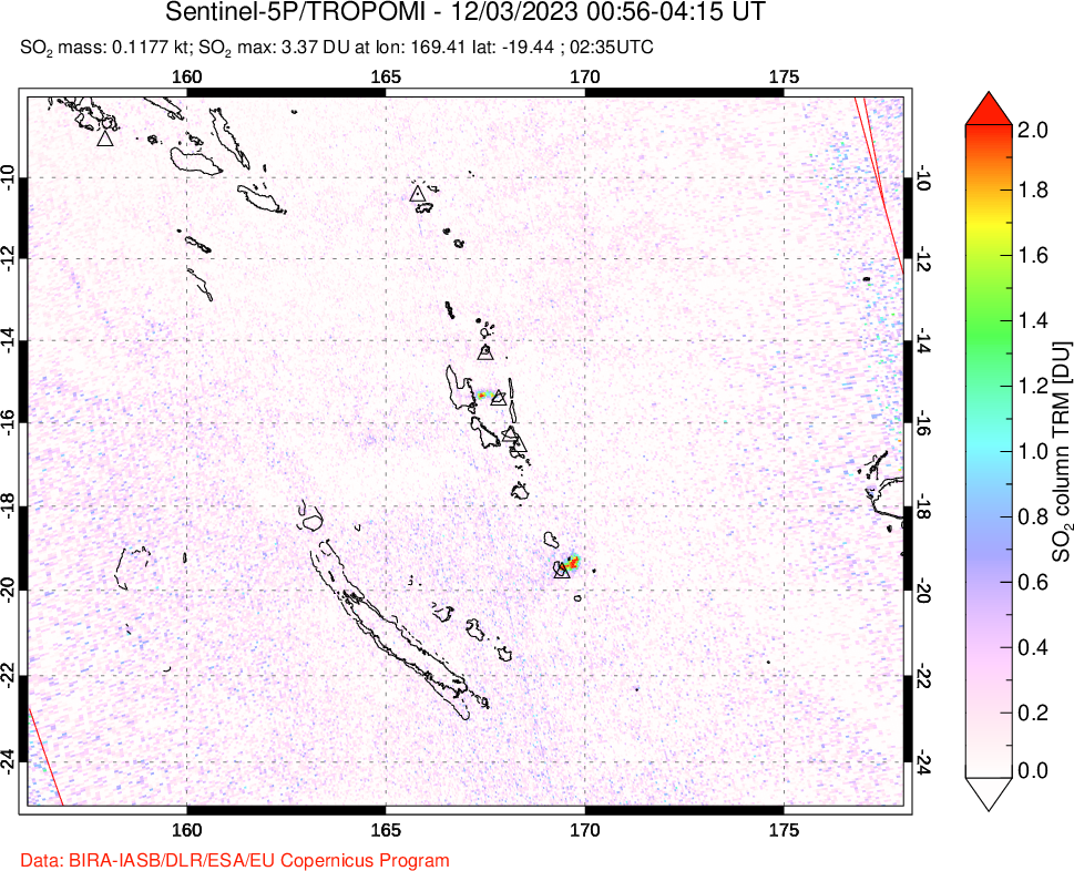 A sulfur dioxide image over Vanuatu, South Pacific on Dec 03, 2023.