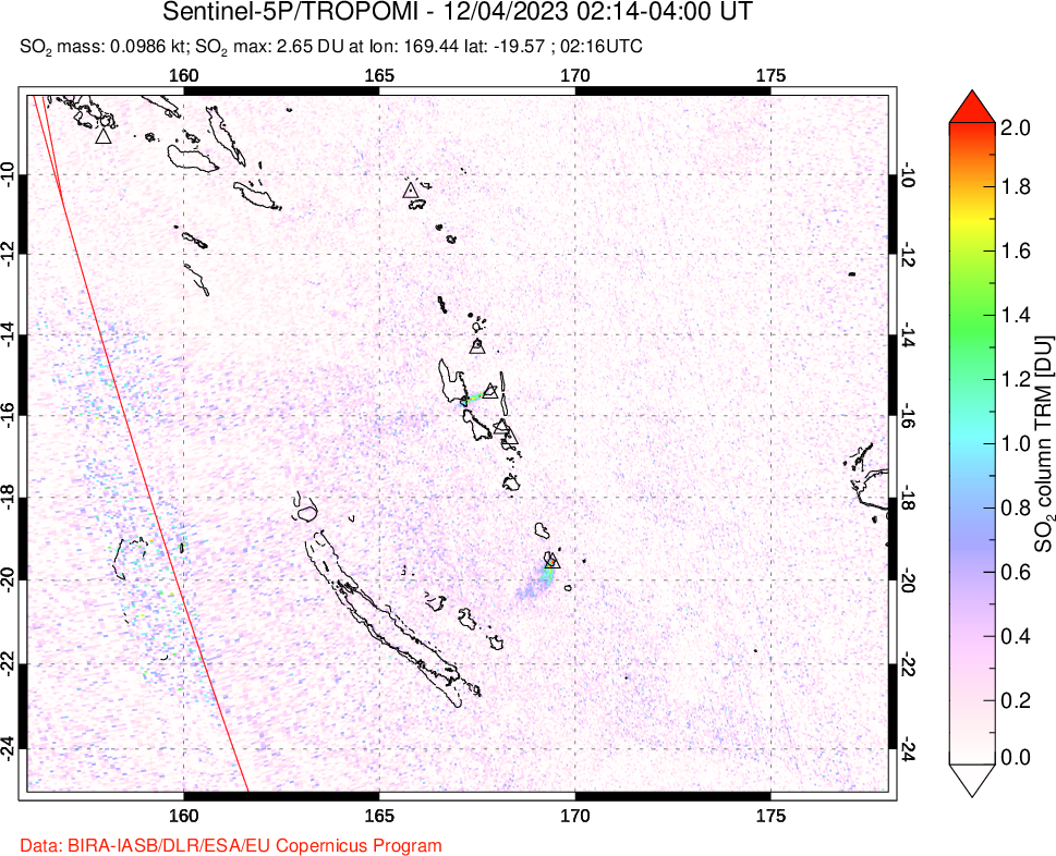 A sulfur dioxide image over Vanuatu, South Pacific on Dec 04, 2023.