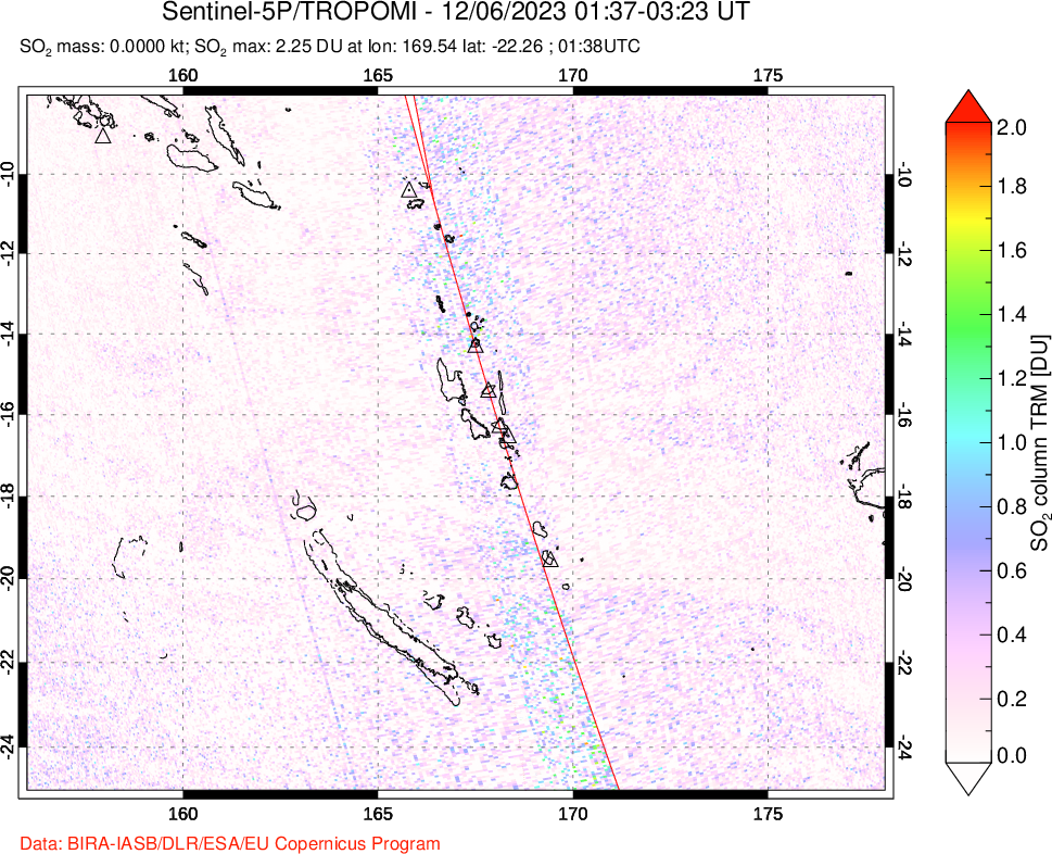 A sulfur dioxide image over Vanuatu, South Pacific on Dec 06, 2023.