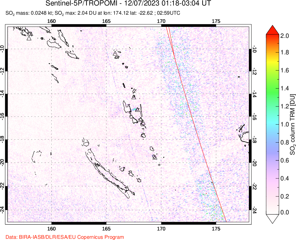 A sulfur dioxide image over Vanuatu, South Pacific on Dec 07, 2023.