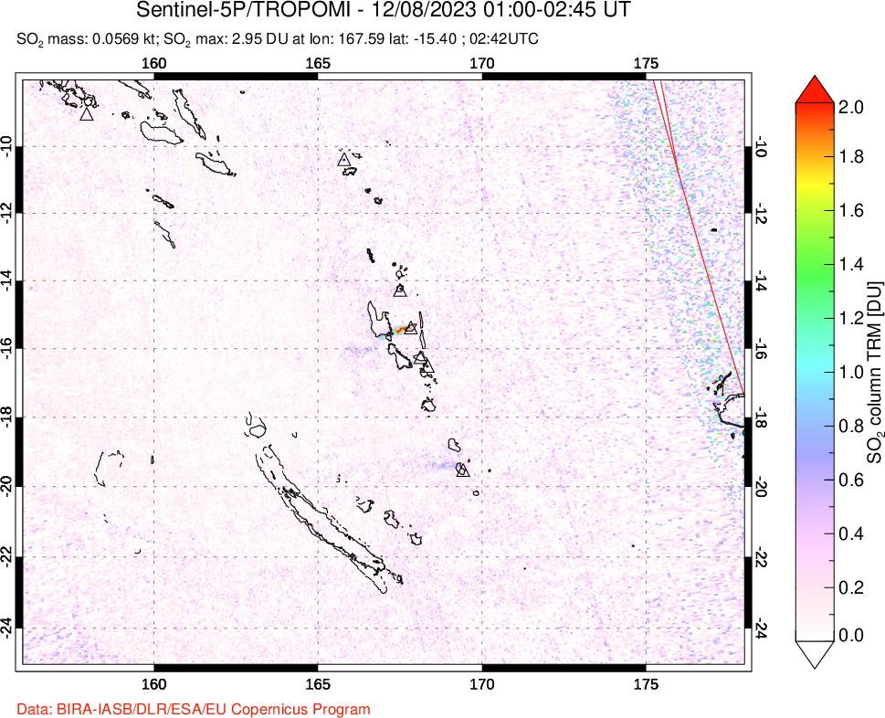 A sulfur dioxide image over Vanuatu, South Pacific on Dec 08, 2023.