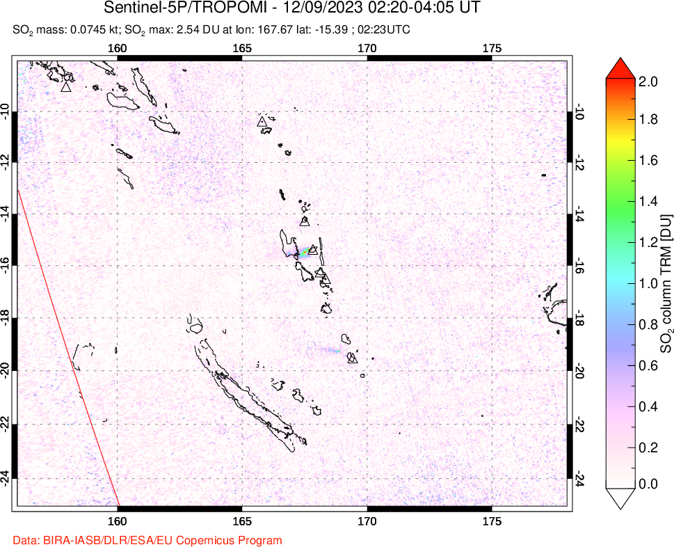 A sulfur dioxide image over Vanuatu, South Pacific on Dec 09, 2023.