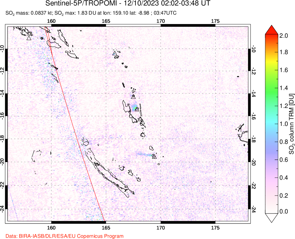 A sulfur dioxide image over Vanuatu, South Pacific on Dec 10, 2023.