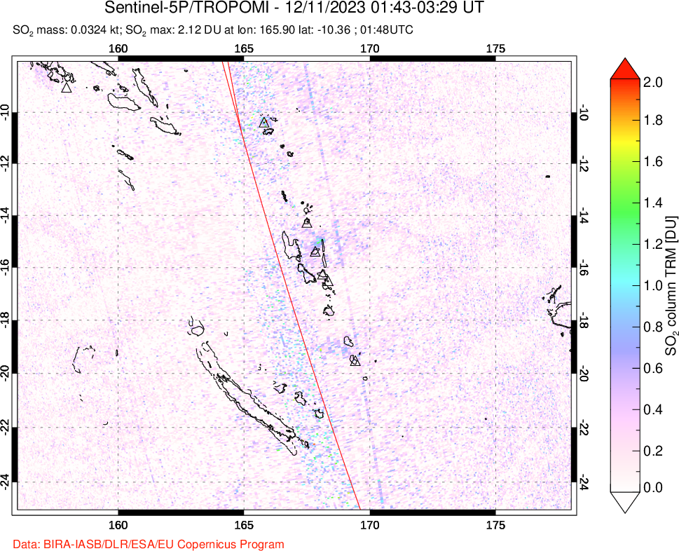 A sulfur dioxide image over Vanuatu, South Pacific on Dec 11, 2023.