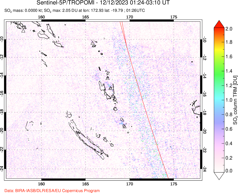 A sulfur dioxide image over Vanuatu, South Pacific on Dec 12, 2023.