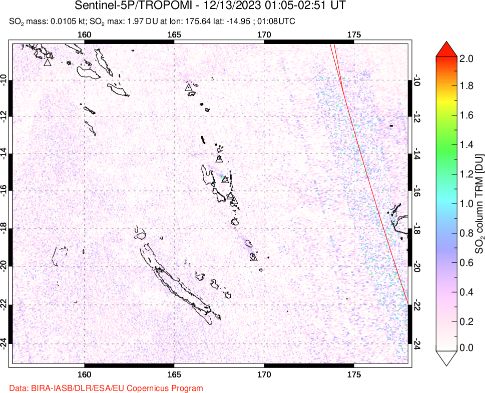 A sulfur dioxide image over Vanuatu, South Pacific on Dec 13, 2023.