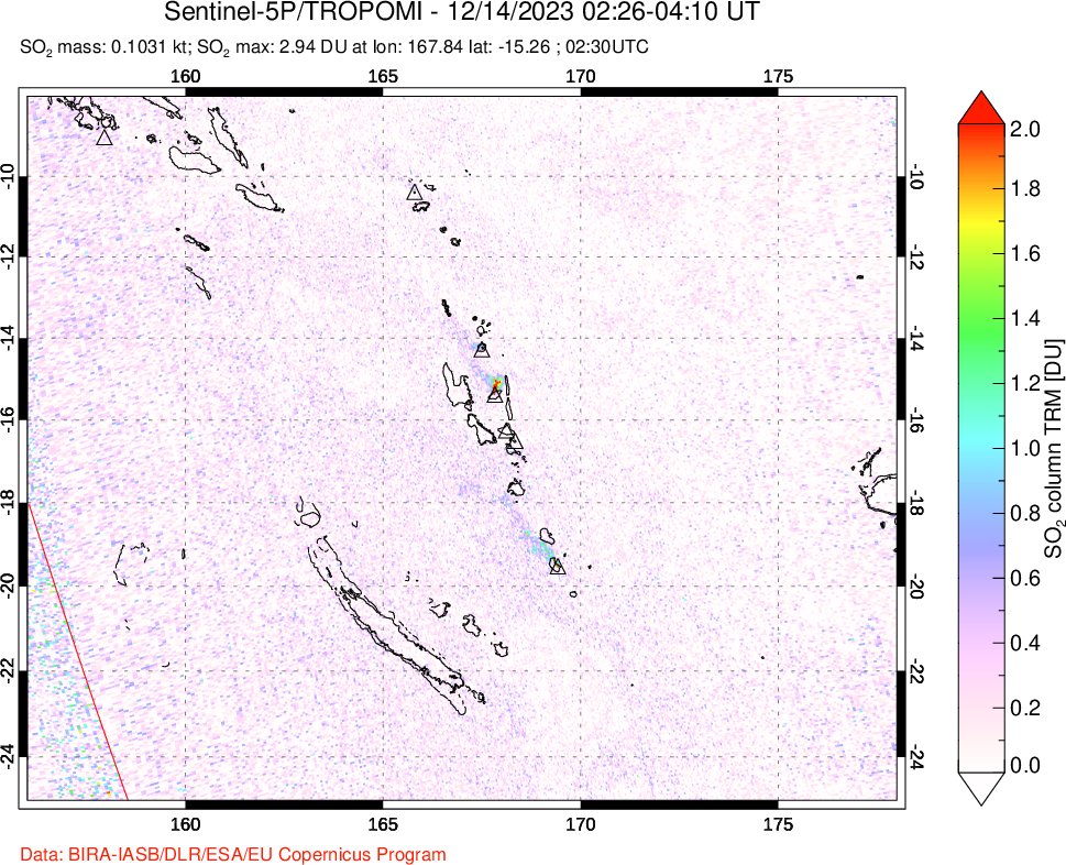 A sulfur dioxide image over Vanuatu, South Pacific on Dec 14, 2023.