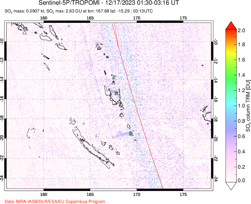 A sulfur dioxide image over Vanuatu, South Pacific on Dec 17, 2023.